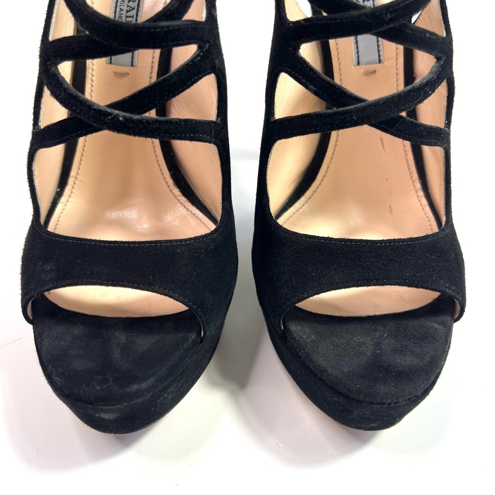 Prada Black Suede Platform Slingback Sandals Size 37.5 - Picture 2 of 12